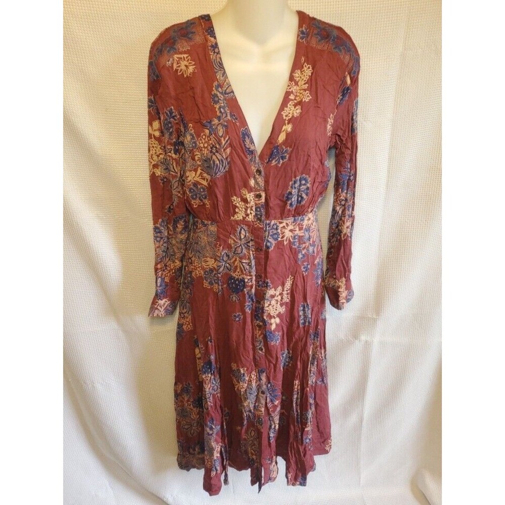 Free People Womens Sz 8 Maxi Dress Long Sleeve Button Front Deep V Marroon